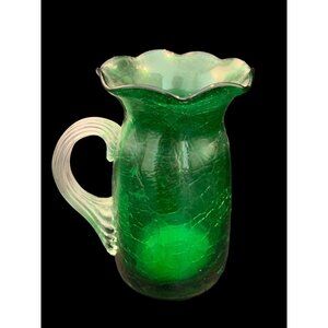 Vintage Green Blown Crackle Glass Pitcher BLENKO Applied Clear Handle 4"